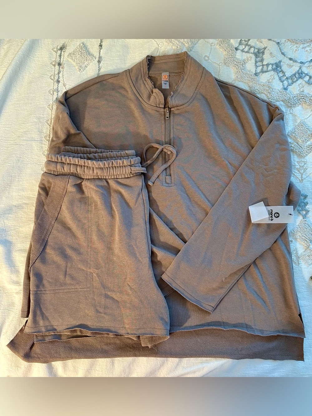 Mono B Taupe Raw Edge Half-Zip Top & Drawstring Shorts Set